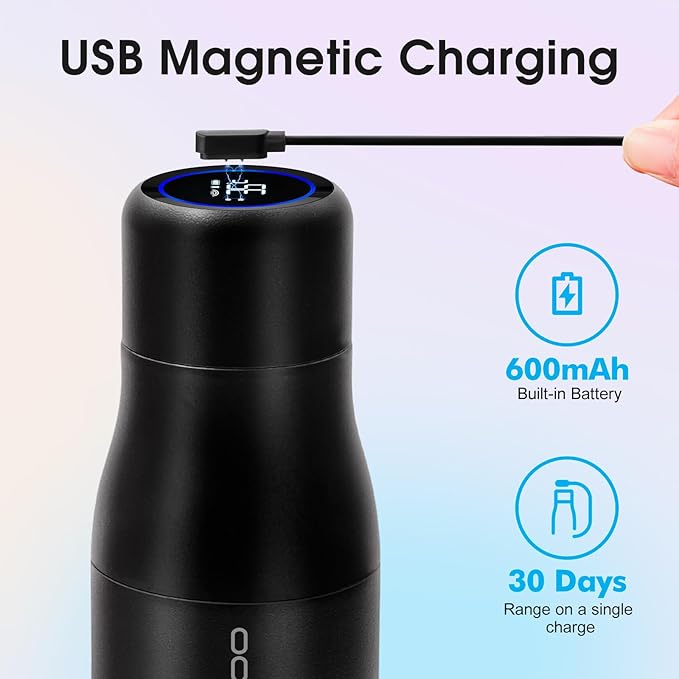 VSITOO 14.8oz Mini Smart Self-Cleaning Water Bottle，Small Insulated Stainless Steel Thermoses with AI Self-Clean, 30-Day Battery & Magnetic Charging for Travel, Gym, Office or Purse, Black