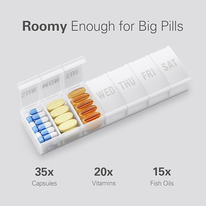 Barhon Pill Organizer Large, Weekly Medicine Pill Organizers, 7 Day Pills Box Case Travel for Big Vitamin Supplements Fish Oil, White