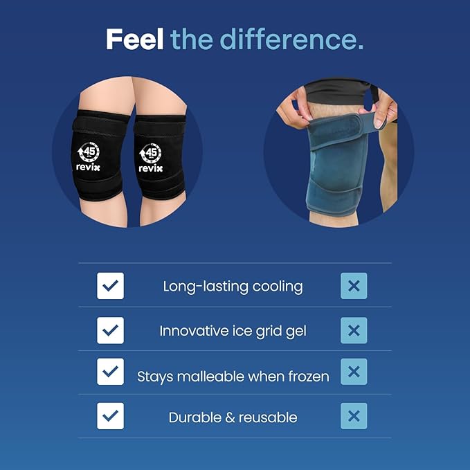 REVIX 2 Packs Knee Ice Pack Wrap, 45-Minute Long-Lasting Ice Pack for Knees with Ice Grid Gel Design, Reusable Gel Ice Wrap with Cold Compress Therapy for Thighs, Elbows, Calves & Legs (12" × 9.5")