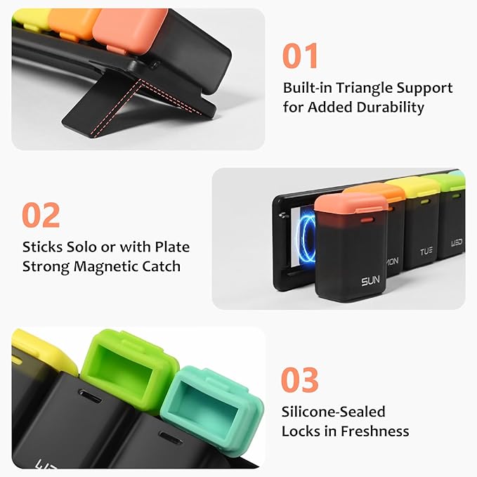 Fridge Magnetic Weekly Pill Organizer, Easy Open Daily Reminder Waterproof Pill Box for Vitamins, Travel & Daily Use (Black)