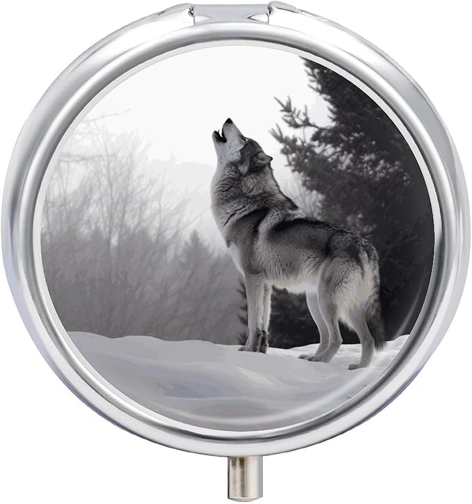 Howling Wolf Pill Box Travel Pill Case for Purse Pocket Weekly Medicine Organizer with Mirror 3 Compartment Round Medicine Case Portable PillcaseHolder for Daily