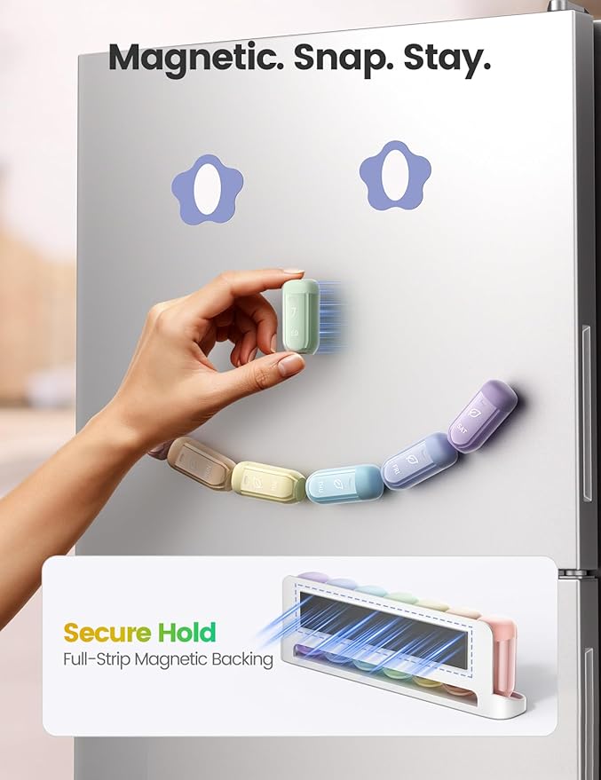 Weekly Magnetic Pill Organizer, Moisture-Proof Pill Case with Desiccant & Silicone Seal, 7-Day Removable Travel Medicine Container for Vitamins, Supplements (Rainbow)