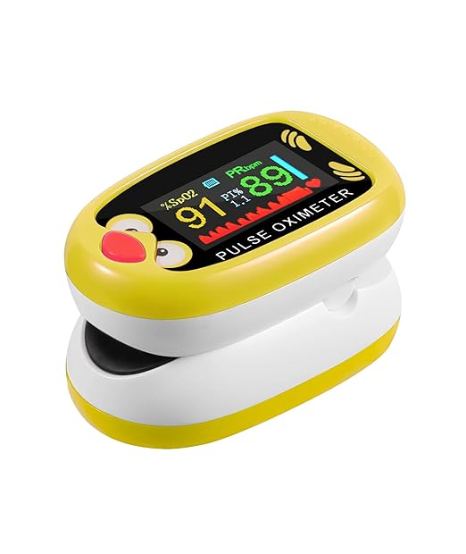 Fingertip Pluse Oximeter for Small Fingers, USB-C Rechargeable Oxygen Monitor, Cute Cartoon Design, Sports & Aviation Use, Applicable for Kids & Children (Yellow)