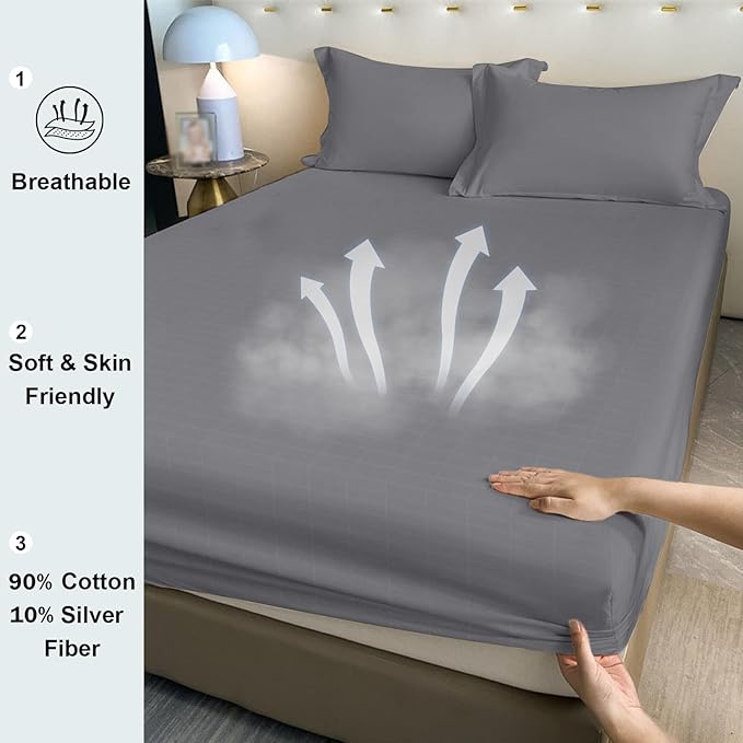 Grounding Sheets California King Grounding Fitted Sheet Deep Pocket 90% Cotton 10% Silver Fiber Grounded Sheets Earth Connected Bed Sheet (76"*84"*14",Grey) (California King)