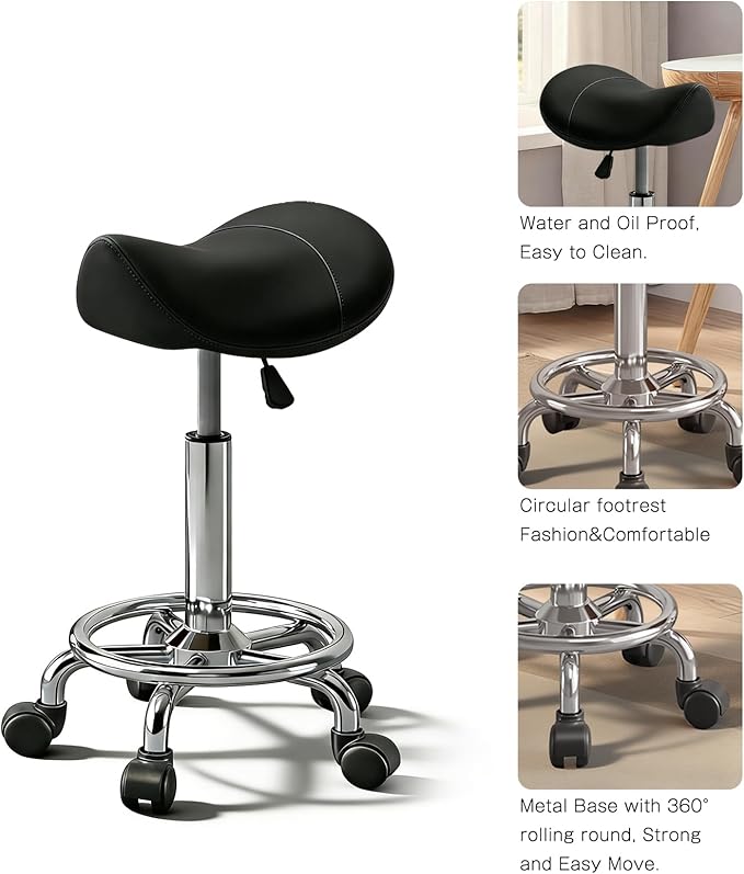 Saddle Stool with Ring Pedal, Adjustable Hydraulic Rolling Chair with Wheels for Medical, Massage, Salon, Spa, Kitchen, and Drafting Use