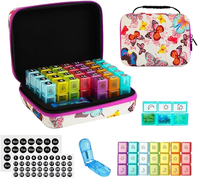31-Day Monthly Pill Organizer with 3 Daily Compartments, Travel Medication Box with Pill Cutter, AM PM Storage Case (Butterfly 31-Day Medicine Storage Box)