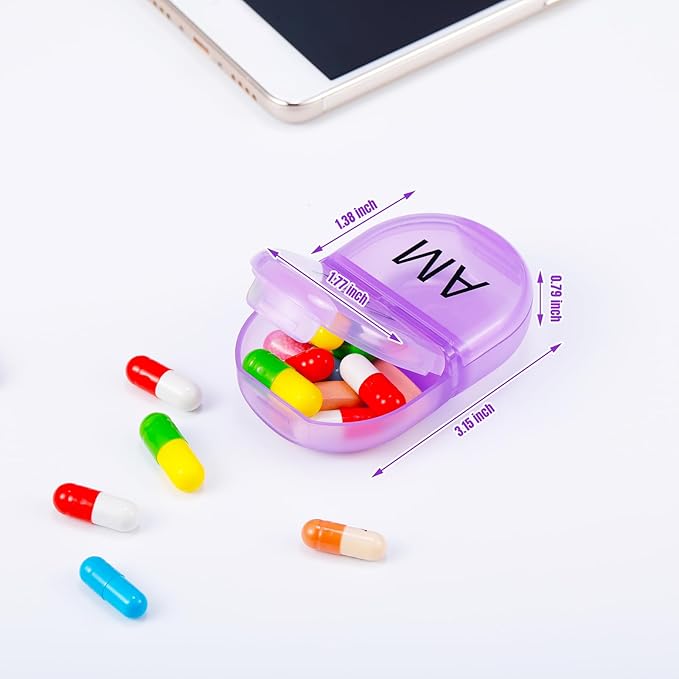 6 Pack Pill Organizer Pocket Small Case Holder Am Pm Pill Case Portable Two Compartment Round Travel 2 Times a Day for Vitamin Medication Supplement(Purple)