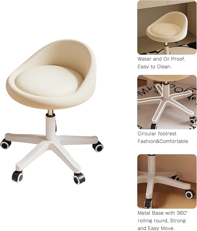 Rolling Stool Chair with Backrest, Round PU Leather Adjustable Height Hydraulic Swivel Rolling Stool for Spa Salon Tattoo Massage Doctor Dental Medical Office Beige