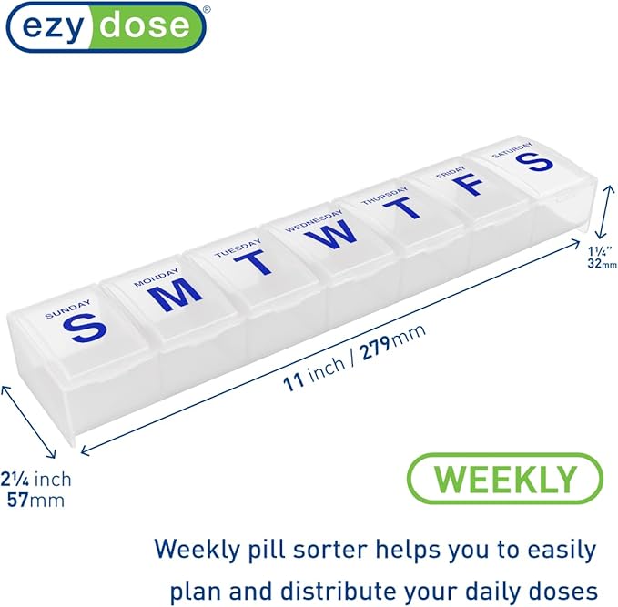 EZY DOSE Weekly (7-Day) Pill Case, Medicine Planner, Vitamin Organizer Box, 3X-Large Compartments to Secure Prescription Medication and Prevent Accidental Spilling, Clear Lids, BPA Free