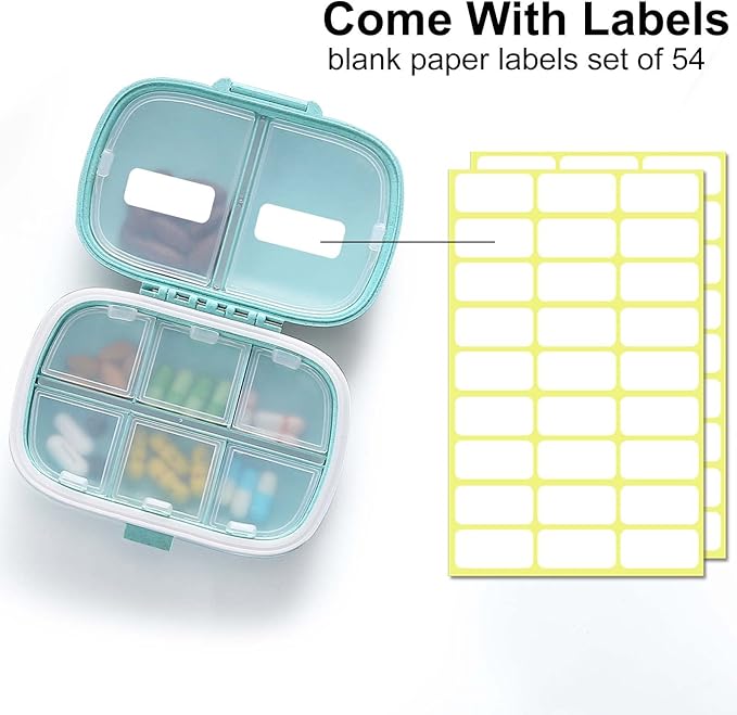 8 Compartments Travel Pill Organizer, Daily Pill Case Small Pill Box for Pocket Purse, Portable Pill Container Medicine Vitamin Organizer (Blue & Green)