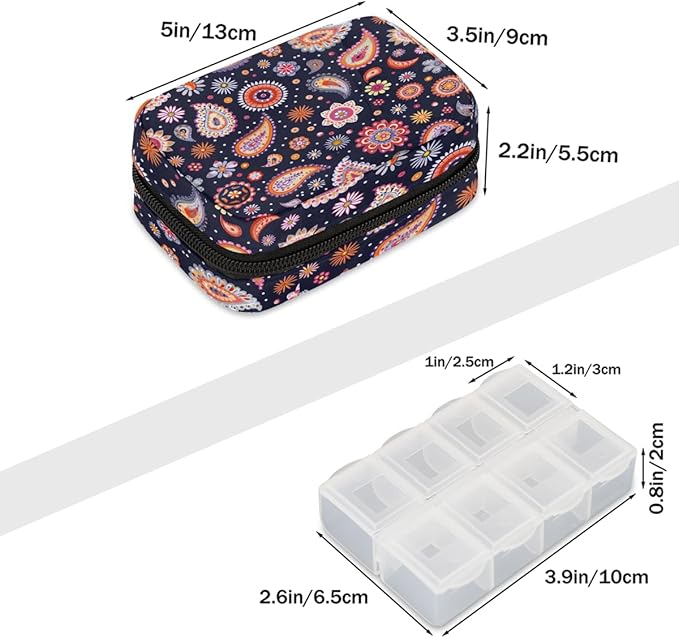 Colorful Ethnic Paisley Pill Case Travel Pill Organizer Weekly 7 Day Portable with Zipper Medicine Box Pill Case for Vitamins, Birth Control,Fish Oils,Medication, Supplements