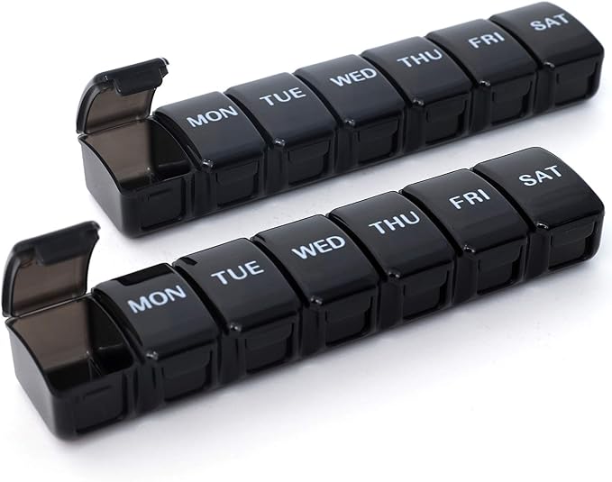 2 PCS Weekly Pill Organizer with Effortless Opening Design, Arthritis Friendly Pill Box, BPA-Free Pill Organizer 7 Day, Cute & Portable Pill Case for Vitamins, Supplements and Medications (Black)