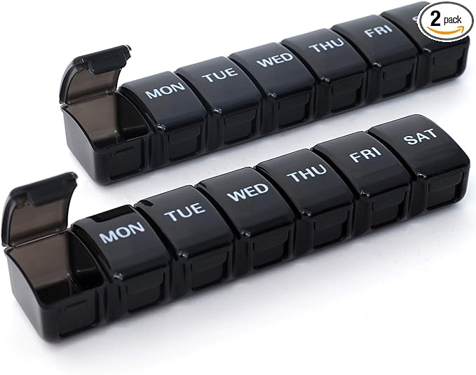 2 PCS Small Weekly Pill Organizer 7 Days,Pocket Daily Pill Case, Daily Planner, Pill Box for Pills/Vitamin/Fish Oil/Supplements (Black)