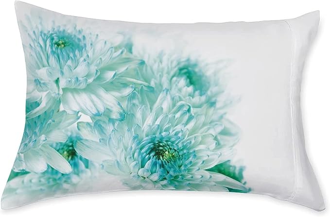 XISUNYA Decorative Fitted Sheet Set Queen Size, Aqua Deep Pockets Fitted Sheet & 2 Pillow Sham Set(No Flat Sheet), Asian Dahlia Flowers and Buds Leaves Image Printed Microfiber Bedding 3pc Set