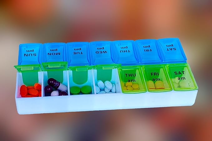Weekly (7 Day) Pill Organizer, 2 Times a Day AM/PM Pill Case and Planner, Portable Vitamin Containers for Travel(Blue-Green)