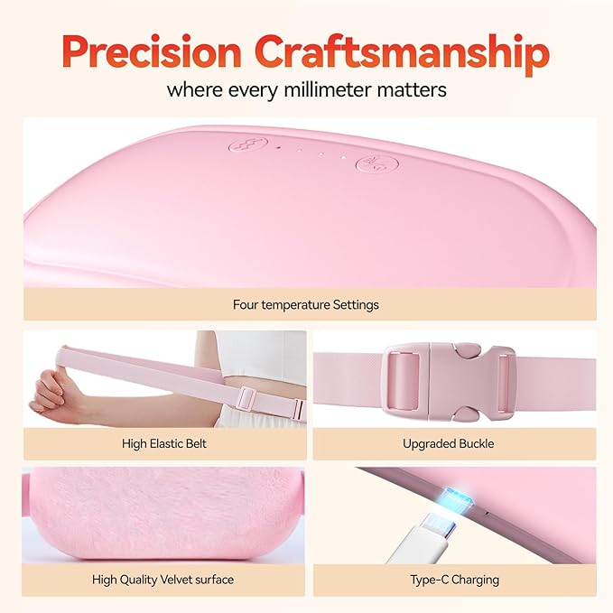 Portable Electric Heating Pad for Period Cramps,Menstrual Heating Pads with 4 Heat Levels and 4 Vibrating Modes for Women Stomach Pain Relief - Pink