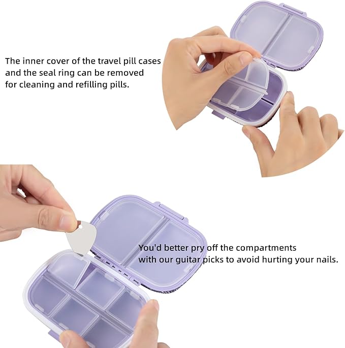 Pill Organizer with Labels Bling Pocket Pill Case with Stickers Travel Medicine Kit Holder Small Purse Pill Box Container Portable Mini Medication Storage (Purple & 300 Labels)