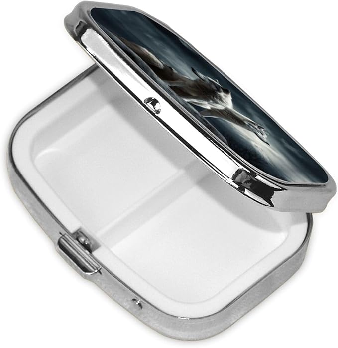 Square Pill Box 2 Compartment Medicine Pill Case Wolf at Night Pill Box for Purse Pocket Waterproof Metal Pill Container Portable Pill Holder Mini Pill Organizer for Travel or Daily