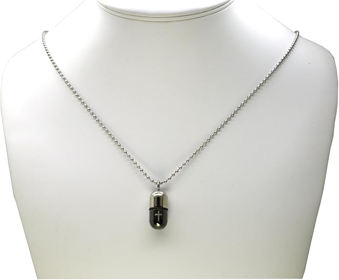 1.1''*0.7'' Latin Cross Black& Red Pill Capsule Case Holder Necklace Pendant Adjustable 27'' Long Chain with a Velvet Bag