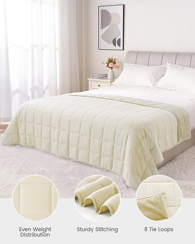 Drewin 15lbs Weighted Blanket Full Size, Reversible Microfiber Weighted Blanket for Adults, Soft Cool Bed Blanket for All Season, Hot Sleepers, Premium Ceramic Beads, 48 x 72 inches, Beige