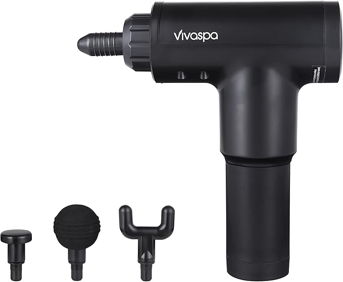 Vivitar Vivaspa Handheld Cordless & Rechargeable Massage Gun with LCD Display for Athletes, Percussive Deep Tissue Percussion Massager with 4 Interchangeable Heads and 6 Speed Modes, Black