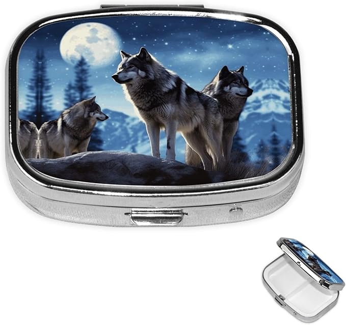 Square Pill Box 2 Compartment Medicine Pill Case Wolfs Pill Box for Purse Pocket Waterproof Metal Pill Container Portable Pill Holder Mini Pill Organizer for Travel or Daily