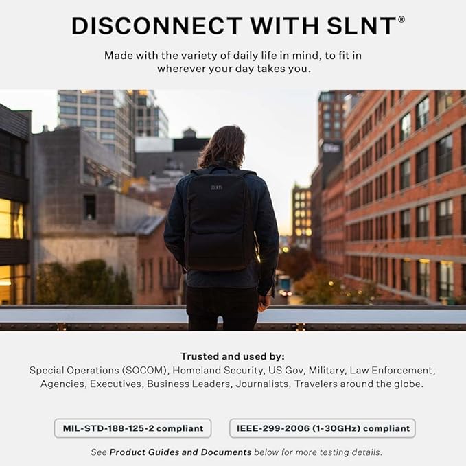 Silent Pocket Essentials Backpack with SLNT Faraday Laptop Sleeve - Signal Blocking, Protects Data & Devices Against Identity Theft - Great for Work, Travel, Hiking, Daily Commute