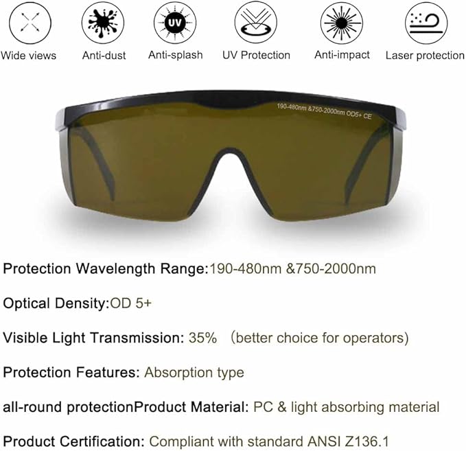 mozeeda Laser Safety Glasses Eye Protection, OD 5+190nm-480nm &750nm-2000nm Wavelength IPL Laser Glasses Eye Protection, Infrared Light for Laser Engraving Safety Goggles with Adjustable Temples