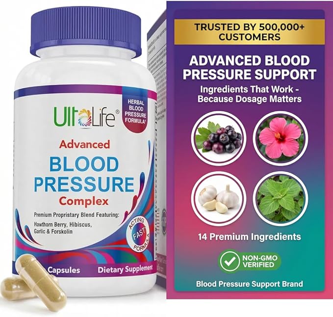 ULTALIFE Blood Pressure Supplements - Advanced Blood Pressure Supplement Complex - Hawthorn Berry, Hibiscus, Garlic, Forskolin - 14 Vitamins & Herbs, 30 Day Supply in Veggie Capsules