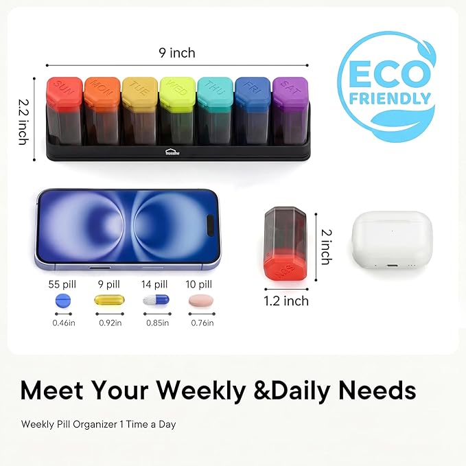 Large Weekly Pill Organizer 1 Time a Day, BPA-Free Pill Dispenser, 7 Day Pill Box with Silicone Lids & Coded Compartments, Spill Proof Portable Case for Vitamins, Seniors & Daily Medication