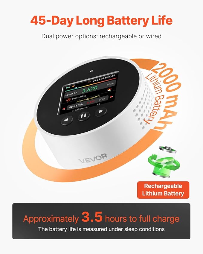 VEVOR Radon Detector for Home, Portable Radon Gas & Air Quality Monitor with LCD Color Display, Visual & Audible Alarms, Long-Term Monitoring, Battery Operated or Wired Use