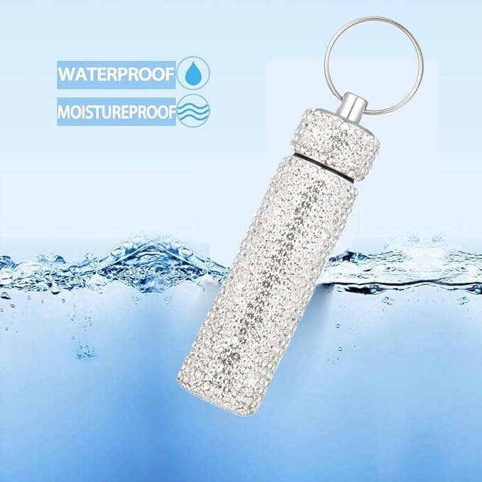 Bling Rhinestone Pill Case Portable Waterproof Pocket Pill Holder Bottle Storage with Keychain for Travel, Outdoor, Camping (White)