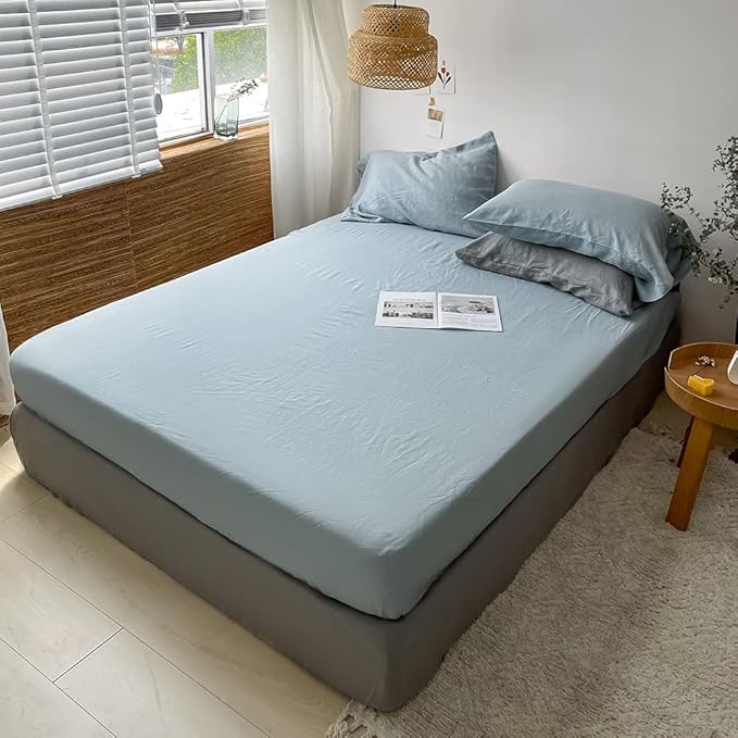 Simple&Opulence Washed Linen Bed Sheet Set Basic Style 4 Pieces (1 Flat Sheet & 1 Fitted Sheet & 2 Pillowcases) 100% Natural French Flax Soft Breathable Farmhouse Bedding (King, Duaty Blue)