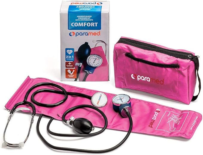 PARAMED Aneroid Sphygmomanometer with Stethoscope – Manual Blood Pressure Cuff with Universal Cuff 8.7-16.5" and D-Ring – Carrying Case in The kit – Pink