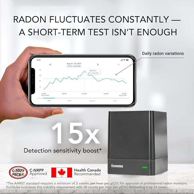 Ecosense EQ100 EcoQube, Digital Radon Detector, Fast Capture of Fluctuating Levels, Short & Long-Term Continuous Monitoring with Trend Charts, Remote Data Access, Only Support 2.4 GHz Networks