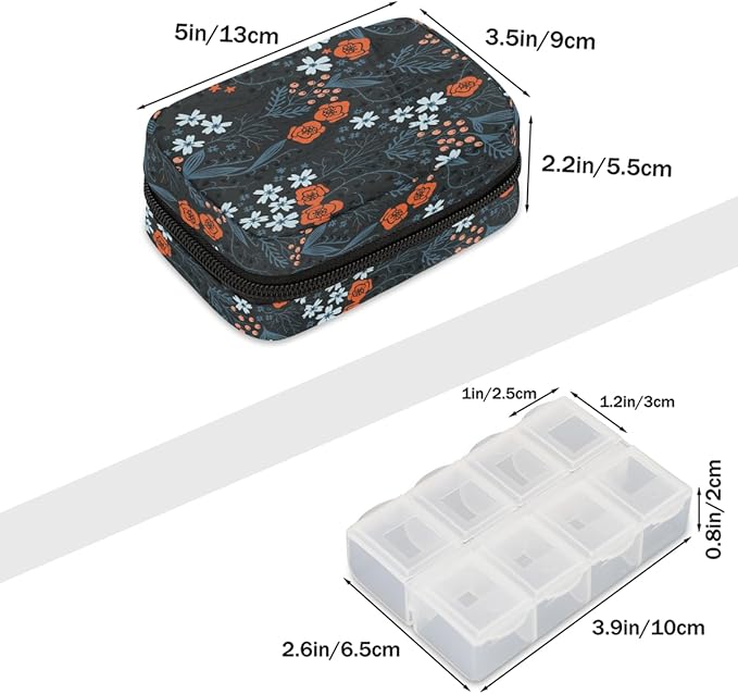 Seamless Botanicals Flowers Pill Case Everyday Travel, 7 Day Weekly Medicine Pill Box Compact Portable Pills Bottle Organizer with Zipper for Daily Vitamin Medicine Holder Bottle Organizers Bag