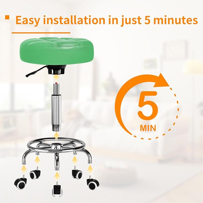 Rolling Stool PU Leather Round - Ultra Soft Padded Seat Cushion Stool with Wheels with Footrest, Weight Capacity 300lb,Adjustable Height Stool for Tattoo Massage Salon Medical Spa Center (Green)