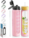 Nefeeko 32 oz Glass Water Bottles with Straw, Motivational Time Marker, 1 Liter BPA FREE Leakproof Reusable Glass Water Bottle with Silicone Sleeve, Bamboo Lid, Spout Lid