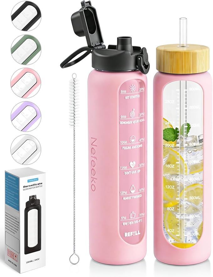 Nefeeko 32 oz Glass Water Bottles with Straw, Motivational Time Marker, 1 Liter BPA FREE Leakproof Reusable Glass Water Bottle with Silicone Sleeve, Bamboo Lid, Spout Lid