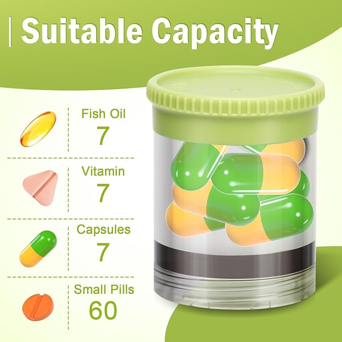 Toplive Pill Organizer, Medicine Pill Organizer, Travel Pill Box 7 Day, Pill Case, Large Weekly Pill Container Holder for Vitamin Cod Liver Oil, Green