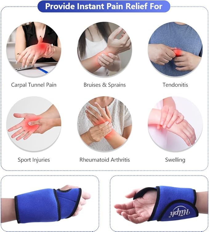 Hilph Wrist Ice Pack Wrap, Reusable Wrist Brace with 2 Gel Hot Cold Compression Packs for Injuries, Hand Ice Pack for Carpal Tunnel, Rheumatoid, Tendonitis, Swelling, Blue