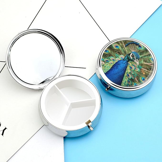 Beautiful Peacock Pill Organizer Cute Pill Box Decorative Metal Pill Case Portable Vitamin Organizer Travel Medicine Holder Mini Pill Storage Container for Purse