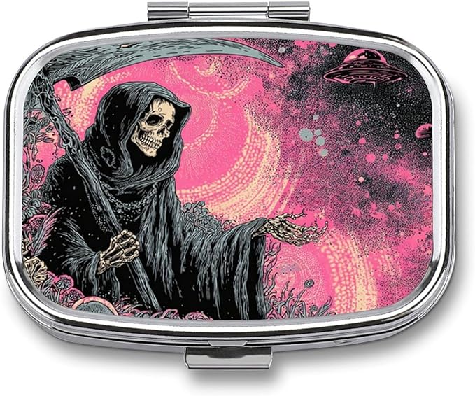 Metal Pill Organizer – 2-Compartment Pocket Pill Box for Vitamins, Supplements, Medications – Compact Travel Case (Grim Reaper in Cosmic Pink)