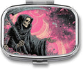 Metal Pill Organizer – 2-Compartment Pocket Pill Box for Vitamins, Supplements, Medications – Compact Travel Case (Grim Reaper in Cosmic Pink)