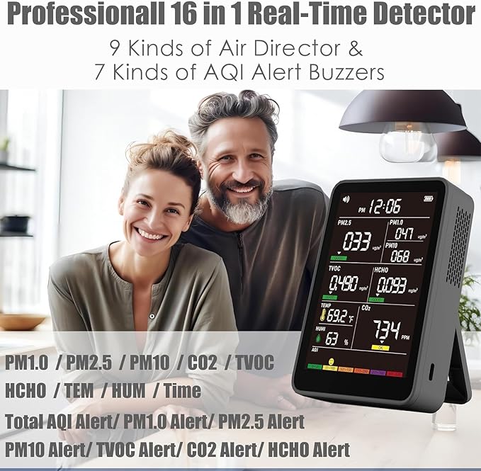 Professional Indoor Air Quality Monitor with AQI Alerts, Portable Real-Time Detector for Home, Car, Plants & Pets (Black)