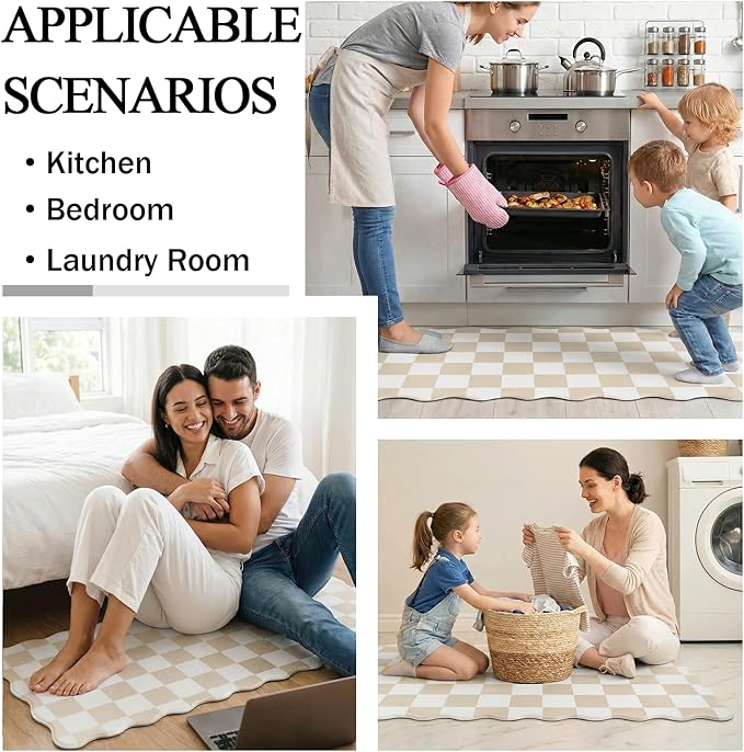 Scalloped Cream Checkered Grid Checkerboard Kitchen Rug Sets [2 PCs], Anti-Fatigue, Waterproof Non-Slip Kitchen Mats Heavy Duty Ergonomic Comfort Foam Rug for Floor, Home, Laundry,17"x29"+17"x47"