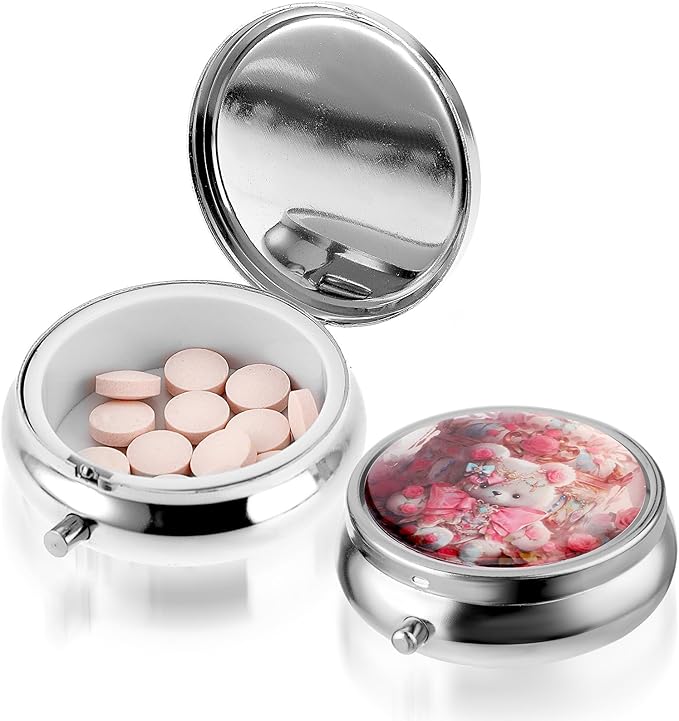 Pill Box Cute Small Pill Box for Purse & Pocket Medicine Organizer Travel Pillbox Waterproof Pills Cases Metal Pills Container Holder for Vitamins, Fish Oil, Supplements (Pink)
