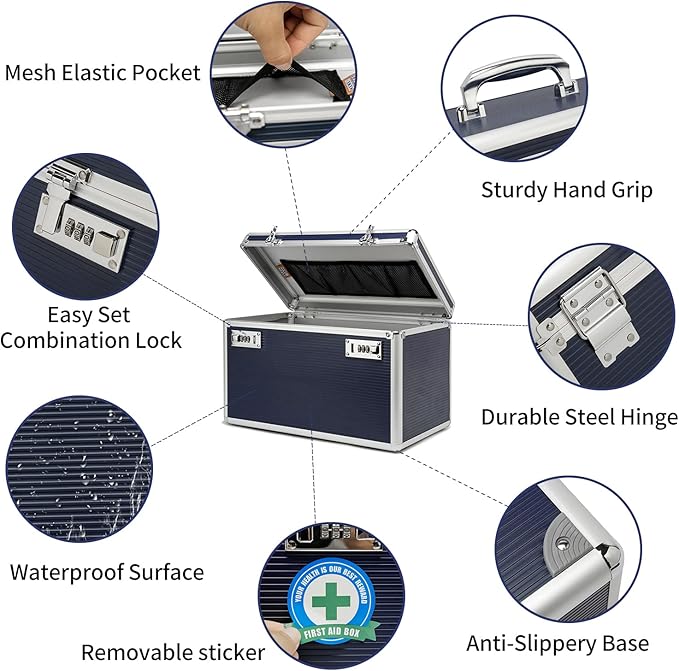 Large Capacity Combination Locking Medicine Box with Portable Storage Case, 15 x 8.7 x 9.3 Inch, Childproof Medication Lock Organizer, Lockbox for Secure Cash, ID Documents (Blue/X-large)