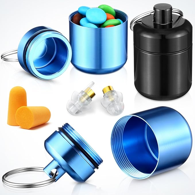 Hicarer 4 Pack Ear Plug Carrying Case, Waterproof Metal Ear Plug Holder with Keychain, Portable Small Pill Case Container for Earplugs, Jewelry, Pill Organizer for Travel or Sports(Black, Blue)