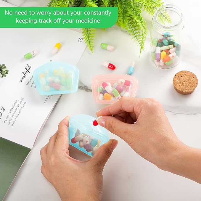 Nuenen 4 Pieces Small Portable Open Pill Pouch Silicone Medicine Pouch Bag Reusable Medicine Storage Pocket Clear Travel Pill Bag Resealable Organizer Pouches(Blue, Rose Gold)